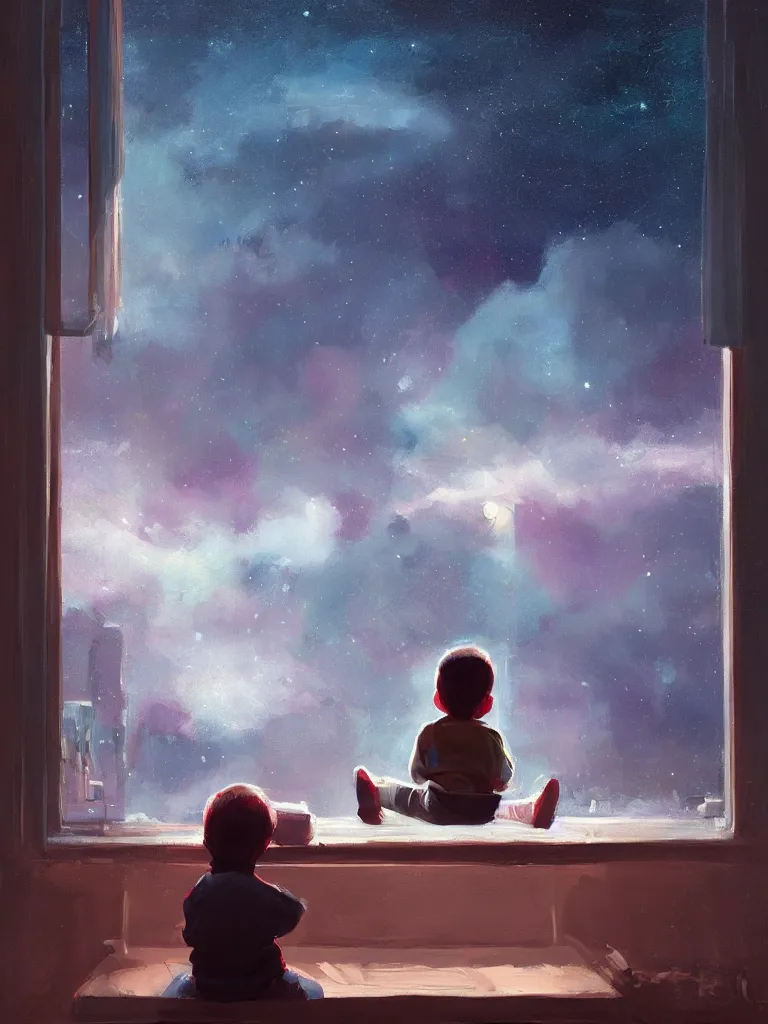 Prompt: a contemporary painting of a little boy sits in his bed and looks through the window into the night sky in a painting from stalenhag 4 k 8 k hdr artstation concept art nebula