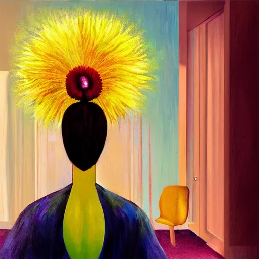 Image similar to giant flower head, woman standing in a luxury apartment, surreal, dramatic light, impressionist painting, digital painting, artstation, georgia o'keeffe