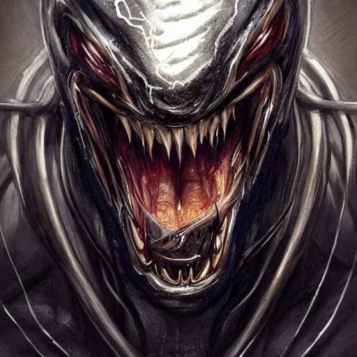 Image similar to a sketch of the god of lightning as venom the symbiote | venom movie | ~ ~ cinematic ~ ~ lighting | award - winning | closeup portrait | by donato giancola and mandy jurgens and charlie bowater | featured on artstation | pencil sketch | sci - fi alien