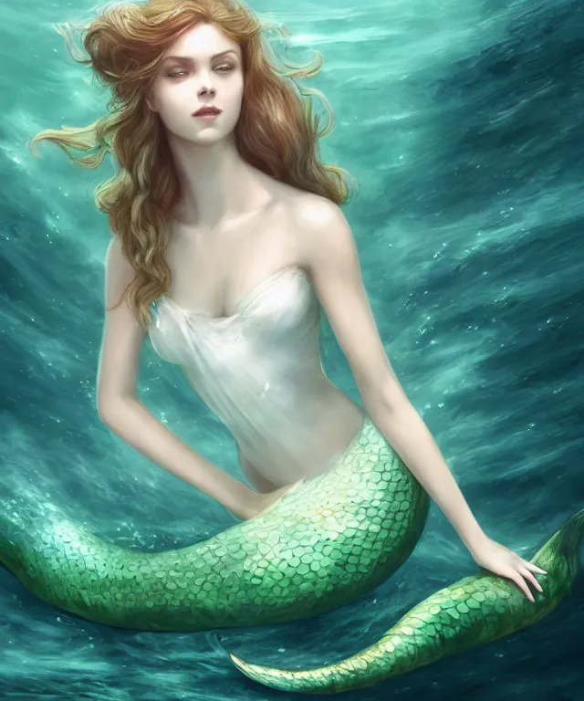 Prompt: mermaid with tail wearing white sundress by charlie bowater and titian and artgerm, full - body portrait, intricate, face, underwater, elegant, green mist, beautiful, highly detailed, dramatic lighting, sharp focus, trending on artstation, artstationhd, artstationhq, unreal engine, 4 k, 8 k