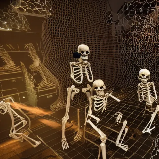 Prompt: skeletons with headphones playing synthesizers, honeycomb walls, D&D, lights, lasers, music, highly detailed, realistic, technology and magic,