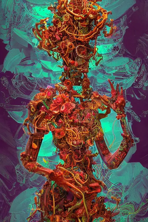 Prompt: epic 3 d abstract circuitboard deity, spinning hands and feet, 2 0 mm, with plum and teal peanut butter melting smoothly into asymmetrical succulents, liquid, tension, delicate, subtitles, beautiful, intricate, houdini sidefx, trending on artstation, by jeremy mann, ilya kuvshinov, jamie hewlett and ayami kojima