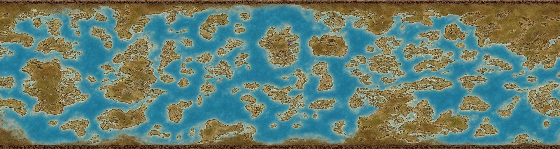 Prompt: fantasy world atlas in the style of an mmorpg world map, 7 0 % ocean, include tundra at the poles, extremely detailed, fantasy, no text, 4 k