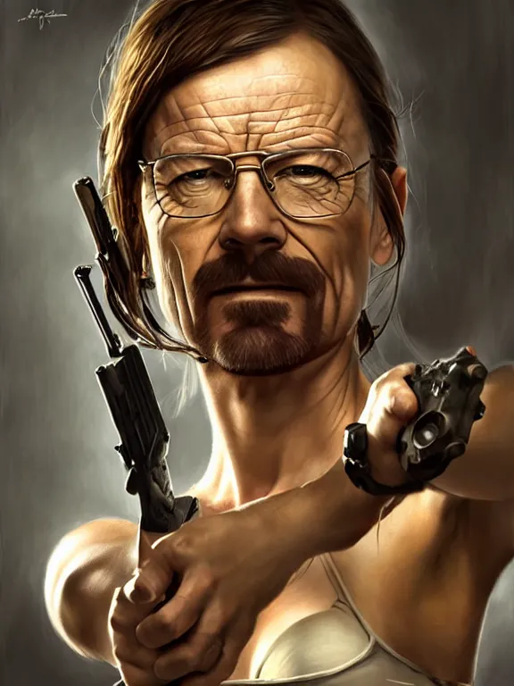 Prompt: walter white as lara croft, digital painting, extremely detailed, 4 k, intricate, brush strokes, mark arian, artgerm, bastien lecouffe - deharme