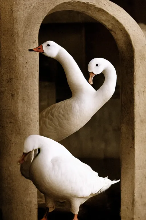 Prompt: ryan gosling fused with a white goose, wings, hands, natural light, bloom, detailed face, magazine, press, photo, steve mccurry, david lazar, canon, nikon, focus