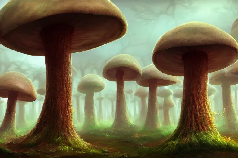 Image similar to giant mushroom forest in the style of Tuomas Korpi concept art, 4K, UHD, High quality, Trending on Artstation HQ