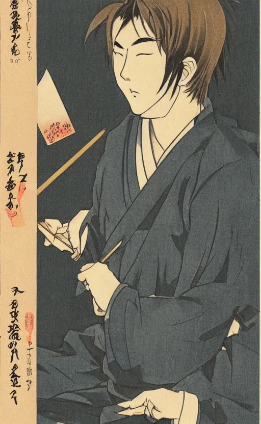 Prompt: by akio watanabe, manga art, portrait of male novel writer doing work, traditional japanese clothes, trading card front, realistic anatomy