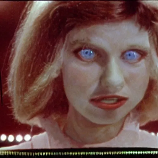 Image similar to still from 1978 live-action children's tv show about a middle-aged woman who enters an eyeball cult color