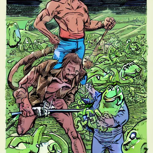 Image similar to Alex Jones killing thousands of frogs. illustration concept art in the style of Arthur Adams