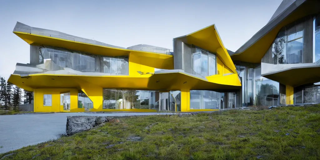 Image similar to large futuristic residence, gray concrete, yellow metal pipes, many large green windows, pacific northwest, triangular elements