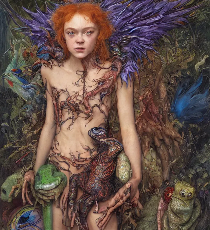 Prompt: a portrait photograph of sadie sink as a colorful harpy super hero with slimy reptile skin. she is trying on a amphibian organic catsuit and transforming into a feathered alien beast. by tom bagshaw, donato giancola, hans holbein, walton ford, gaston bussiere, peter mohrbacher and brian froud. 8 k, cgsociety