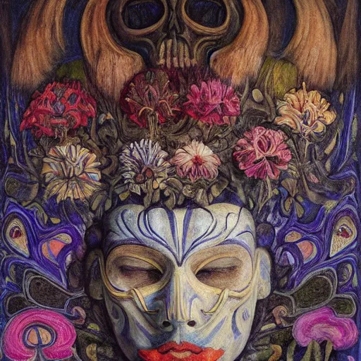 Prompt: masterpiece painting of a facemask made of flowers, by annie swynnerton and jean delville and tino rodriguez and diego rivera, flower shaman, spooky dark eldritch art, art brut, symbolist, dramatic lighting, god rays, elaborate geometric ornament, clean crisp graphics, soft cool colors, smooth sharp focus, extremely detailed, adolf wolfli