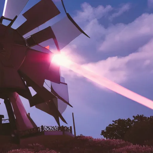 Image similar to gundam as dutch windmill in gundam, gundam is windmill shaped, dutch windmill gundam, in gears of war, splash art, movie still, cinematic lighting, ray tracing, octane render, long lens, shallow depth of field, bokeh, anamorphic lens flare, 8 k, hyper detailed, 3 5 mm film grain