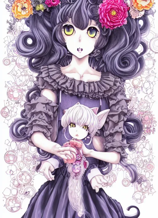 Image similar to manga character design of beautiful cat girl witch with a robot, curls hair, rococo ruffles dress, rosette, symmetrical face, cute, fairy, by kelly mckernan, mai yoneyama, takeshi obata, katsuhiro otomo, detailed background, illustration, artstation, concept art, highly detailed, colorful, maximalist