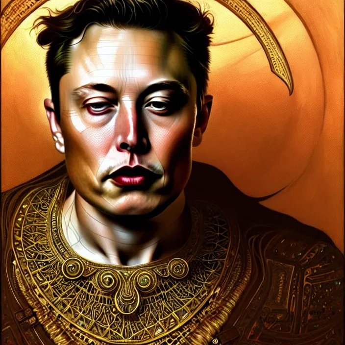 Image similar to ancient king elon musk, symetrical, diffuse lighting, fantasy, intricate, elegant, highly detailed, lifelike, photorealistic, digital painting, artstation, illustration, concept art, 4 k, smooth, sharp focus, art by john collier and albert aublet and krenz cushart and artem demura and alphonse mucha