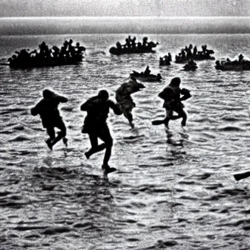 Image similar to the running soldiers in the sea in the d - day, by robert capa,