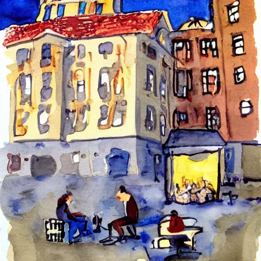 Prompt: a huge dutch oven in the city. the dutch oven has people drinking beer in front of it, watercolor