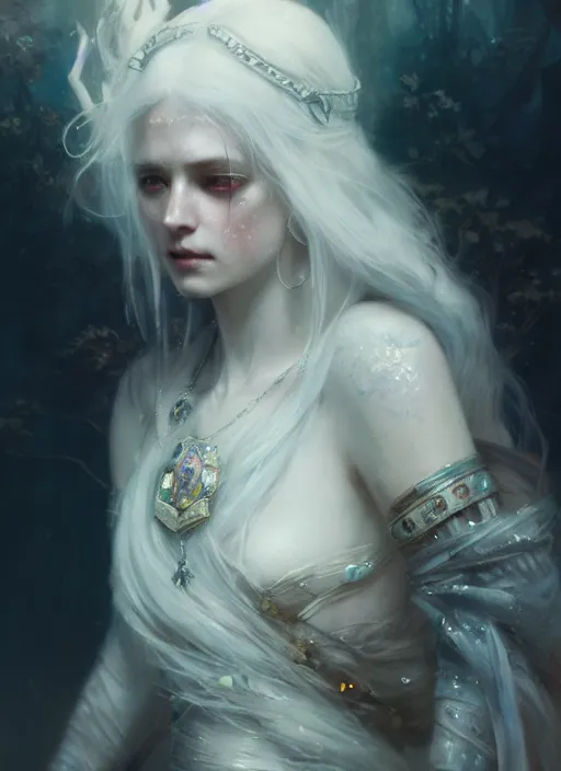 Image similar to a beautiful white haired princess, adorned with precious stone jewelry, intricate concept art, ominous, gorgeous dark fantasy, misty, dramatic lighting, octane render, 8 k, ruan jia and jeremy mann and tom bagshaw and alphonse mucha