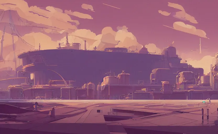 Prompt: ship building factory in clouds, moebius, james gilleard, print, game art