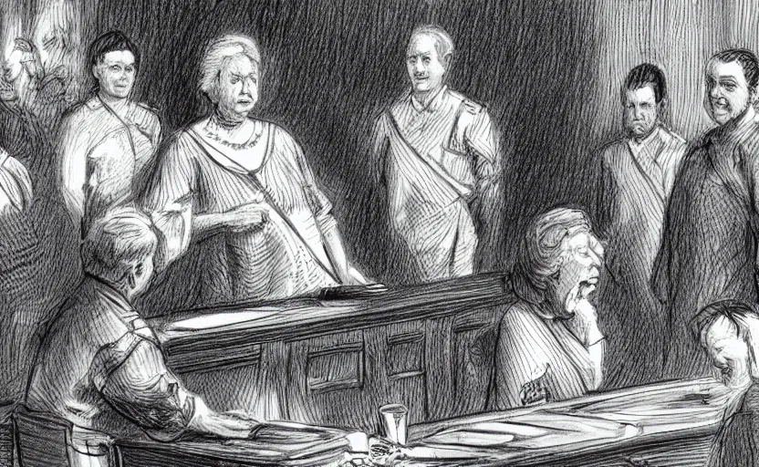 Prompt: photo of Queen Elizabeth in the court room being arrested, sitting at the table, highly detailed, high quality, HD, 4k, 8k, Canon 300mm, professional photographer, 40mp, lifelike, top-rated, award winning, realistic, sharp, no blur, edited, corrected, trending