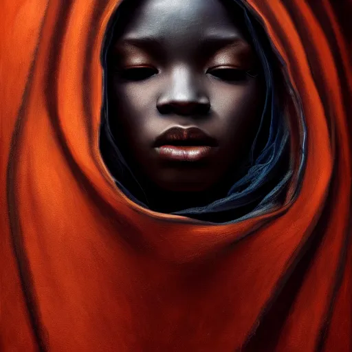 Image similar to a portrait of a young black woman wearing a long dark cloak, hood and shadows covering face, anatomically correct, beautiful perfect face, enigmatic, oil painting, matte painting, black background, Volumetric dynamic lighting, Highly Detailed, Cinematic Lighting, Unreal Engine, 8k, HD, by Beksinski