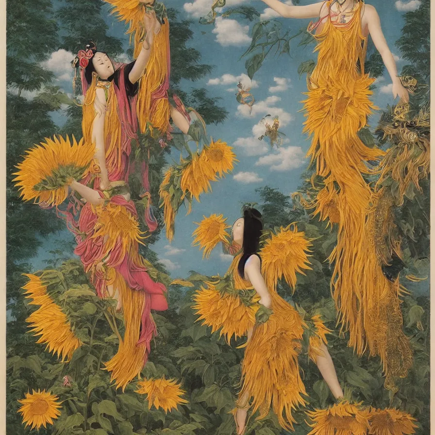 Image similar to The Chinese goddess of sunflowers dancing with the bearded Western god of primeval forests, by Raphael Hopper, and Rene Magritte. Detailed, romantic, enchanting, trending on ArtStation.