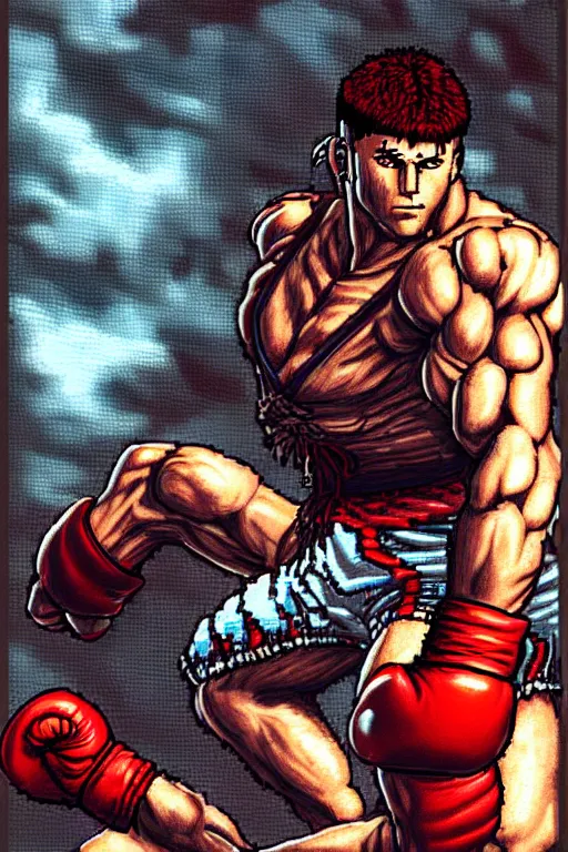 Prompt: extreme long shot. 8 bit nes graphics. antropomorphic muscular masculine wolf. kickboxer fighter, in shorts. wolf head. streetfighter. fine details, very sharp, art from nes game cartridge, 8 0's, vhs artefacts, vaporwave style, marc simonetti and hermann nitsch