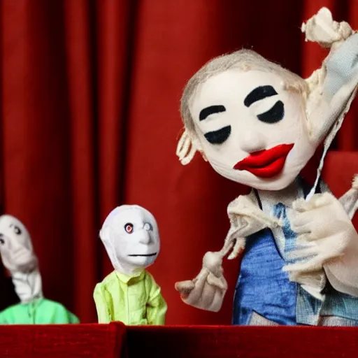 Image similar to puppet show of a string marionette of a president with clown makeup in a podium