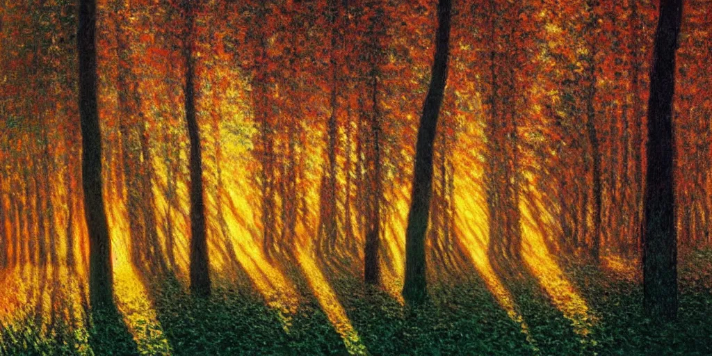 Image similar to An aesthetically pleasing, dynamic, energetic, lively, well-designed digital art of trees inside a forest during sunset, light and shadow, caustics, by Claude Monet, superior quality, masterpiece, excellent use of negative space. 8K, superior detail.
