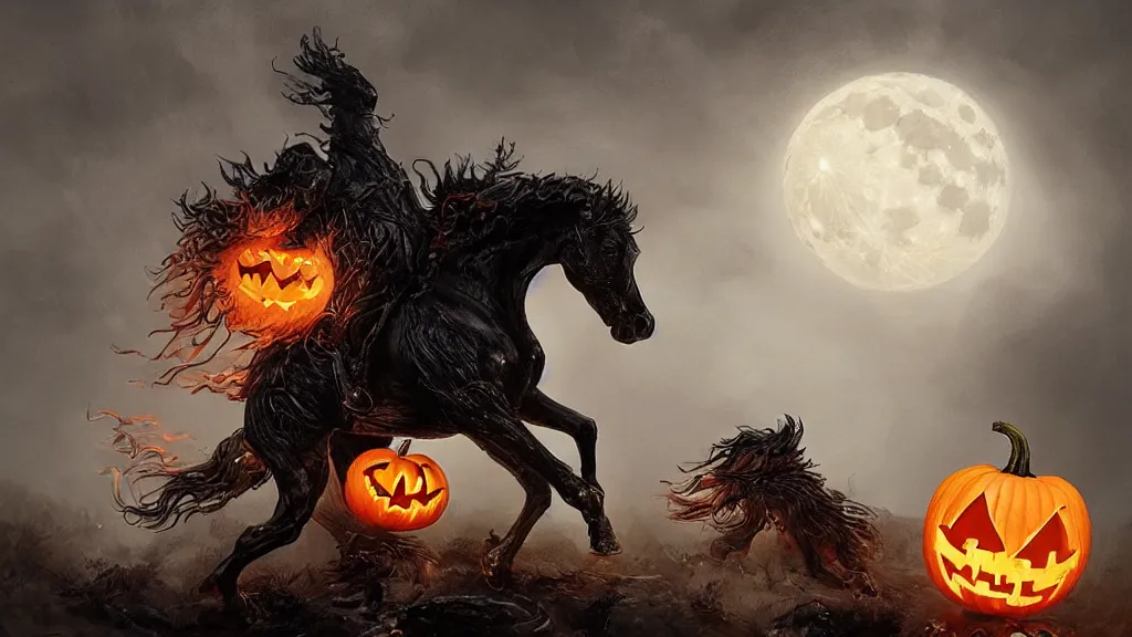 Image similar to rampant ( ( black horse ) ) with fiery eyes, a headless!!! colonial rider!!!! holds a ( jack - o - lantern ), background gnarled trees and large supermoon, in the styles of greg rutkowski, keith parkinson, and john quidor, intricate, detailed, volumetric lighting