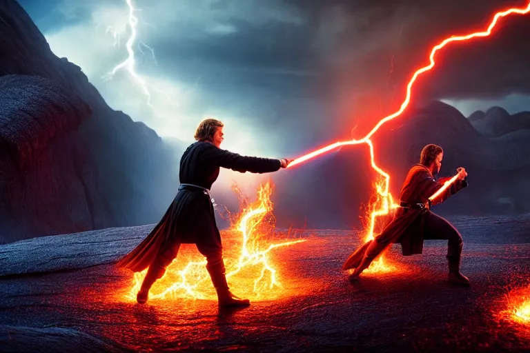 Prompt: an ultra realistic, cinematic shot, of anakin skywalker fighting obi wan kenobi, fire, facial features, background of a lava river, with rain and lightning, detailed, deep focus, movie still, dramatic lighting, ray tracing, by michal karcz and yoshitaka amano