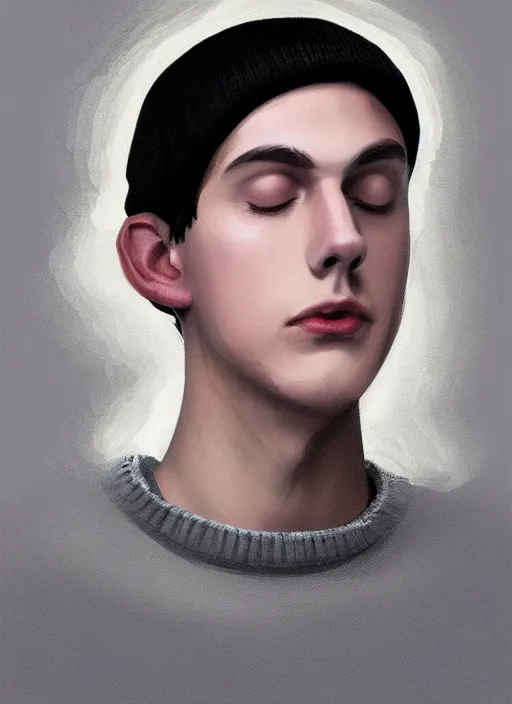 Image similar to portrait of teenage jughead jones wearing a light grey crown, photorealistic, crown, sweater with letter s on it, hamburger, eyes closed, crown, black hair, intricate, elegant, glowing lights, highly detailed, digital painting, artstation, concept art, smooth, sharp focus, illustration, art by wlop, mars ravelo and greg rutkowski