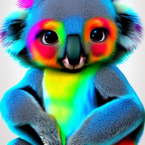 Prompt: koala with rainbow color fur