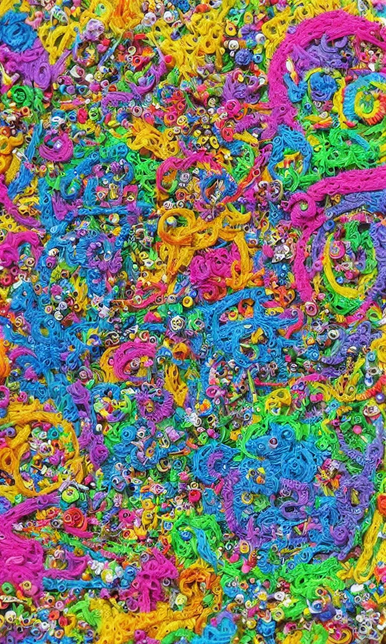 Prompt: an incredibly detailed masterpiece made out of pipecleaners of a I SPY puzzle by bosch and lisa frank, ornate, beautiful, rainbow colors, detailed, high resolution, wow!, intricate