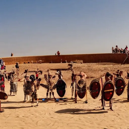 Prompt: anthropomorphic gladiators arena fighting for life with a crowd of spectators, duunes desert
