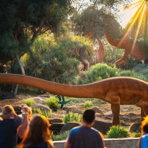 Image similar to photograph of a real brontosaurus exhibit at san diego zoo, tourists in background, bokeh, high definition, slr, golden hour, 4 k