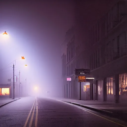 Prompt: A stunningly beautiful award-winning down angle 8K high angle cinematic movie photograph of a dark foggy lightless main intersection in an abandoned 1950s small town at night, by David Fincher and Darius Khonji, cinematic lighting, perfect composition, moody low key volumetric light. Color palette from Seven, greens yellows and reds. 2 point perspective, high angle from 15 feet off the ground. Octane render