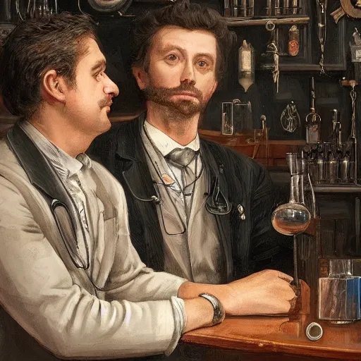 Image similar to An intricate portrait of an engineer and a doctor sitting in an aesthetic bar, 8k,