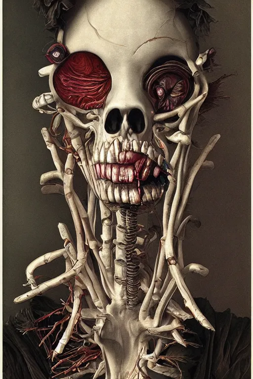 Image similar to Detailed maximalist portrait with large lips and eyes, scared, botanical skeletal with extra flesh, HD mixed media, 3D collage, highly detailed and intricate, surreal illustration in the style of Caravaggio, dark art, baroque