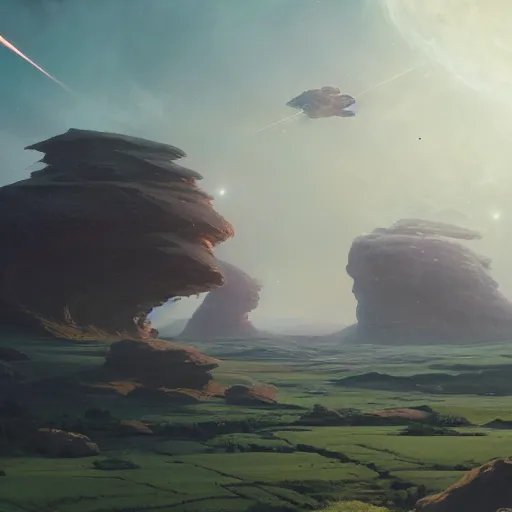 Image similar to a spaceship returns to earth, highly detailed vfx portrait, unreal engine, greg rutkowski, loish, rhads, caspar david friedrich, makoto shinkai and lois van baarle, ilya kuvshinov, rossdraws, elegent, tom bagshaw, alphonse mucha, global illumination, detailed and intricate environment.