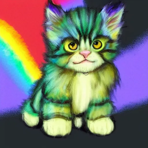 Image similar to wide angle full body, of a fluffy cute rainbow kitten wearing a black motorcycle jacket, concept art