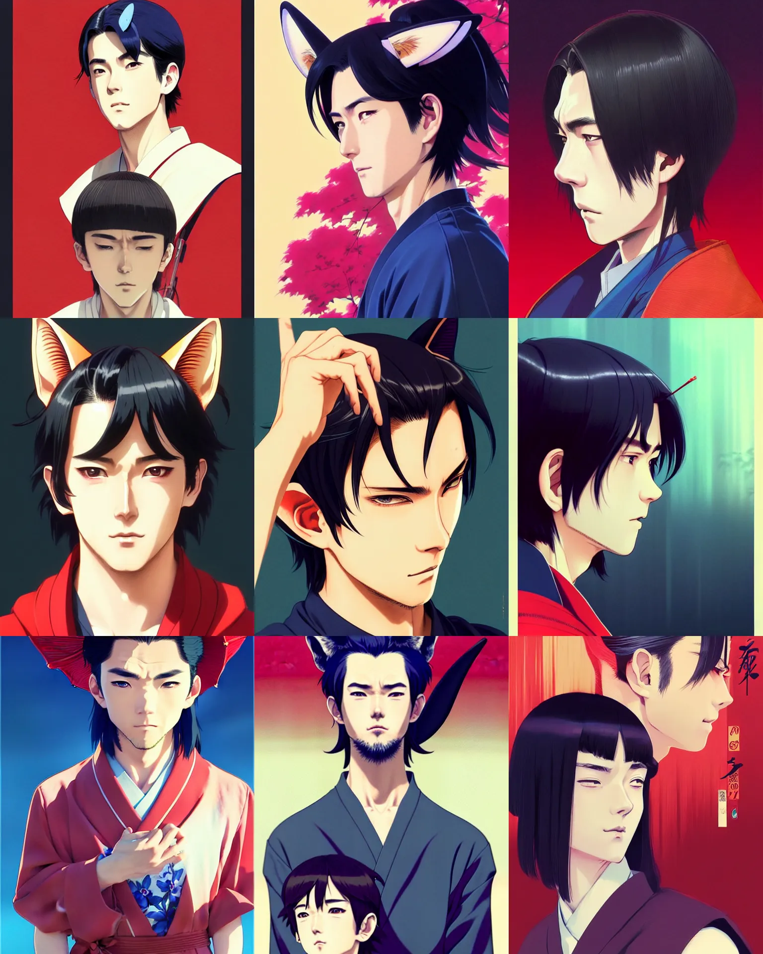 Prompt: A handsome young man with fox ears in a kimono || fine-face, handsome face, realistic shaded Perfect face, fine details. Anime. realistic shaded lighting poster by Ilya Kuvshinov katsuhiro otomo ghost-in-the-shell, magali villeneuve, artgerm, Jeremy Lipkin and Michael Garmash and Rob Rey