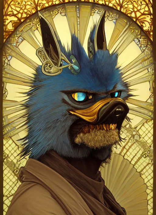 Prompt: oil portrait of mordecai, regular show, intricate, elegant, highly detailed, lighting, painting, artstation, smooth, illustration, art by greg rutowski and alphonse mucha