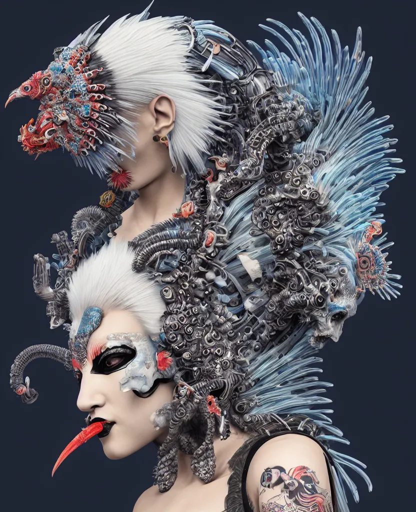 Image similar to 3 d goddess close - up profile portrait punk with mohawk with ram skull. beautiful intricately detailed japanese crow kitsune mask and clasical japanese kimono. betta fish, jellyfish phoenix, bio luminescent, plasma, ice, water, wind, creature, artwork by tooth wu and wlop and beeple and greg rutkowski