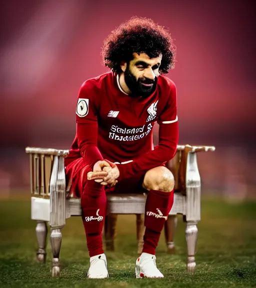 Image similar to A beautiful photo of Mo Salah the king sitting on his throne, award winning photography, sigma 85mm Lens F/1.4, perfect faces, cinematic shot, photorealistic, 8k