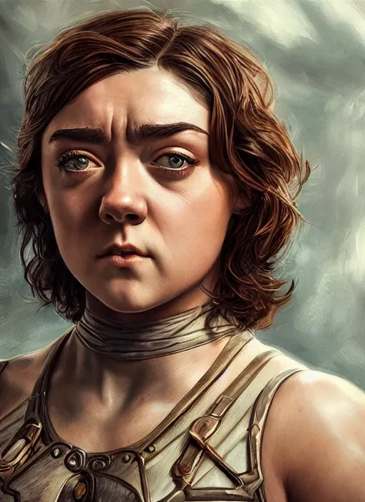 Prompt: muscled Maisie Williams as a ruggedly handsome heroine, intricate, elegant, highly detailed, centered, digital painting, artstation, concept art, smooth, sharp focus, illustration, artgerm, donato giancola, Joseph Christian Leyendecker, WLOP, Artgerm