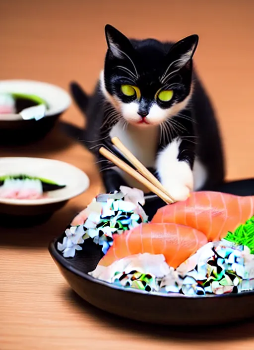 Image similar to clear photograph of cute cats stealing sushi from sushi plates