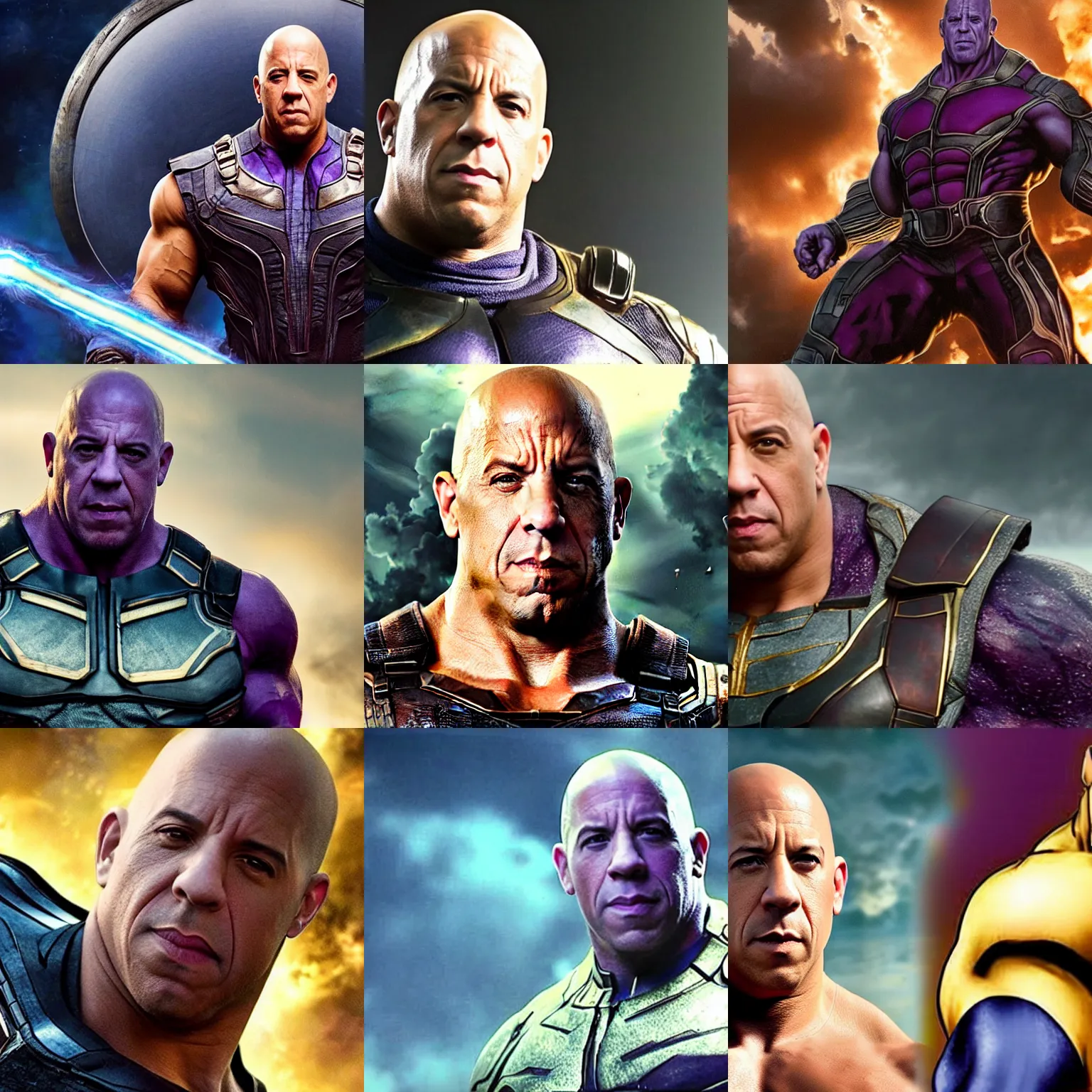 Prompt: vin diesel as thanos, family written at the bottom, highly detailed, cinematic shot,