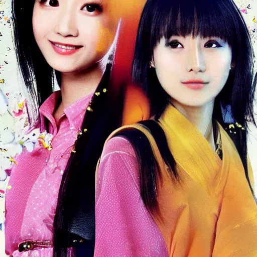 Image similar to 1990s, unbelievably beautiful, perfect, dynamic, epic, cinematic 8K HD movie shot of two semi-close-up japanese beautiful cute young J-Pop idols actresses girls, they express joy and posing together. By a Chinese movie director. Motion, VFX, Inspirational arthouse, high budget, hollywood style, at Behance, at Netflix, with Instagram filters, Photoshop, Adobe Lightroom, Adobe After Effects, taken with polaroid kodak portra