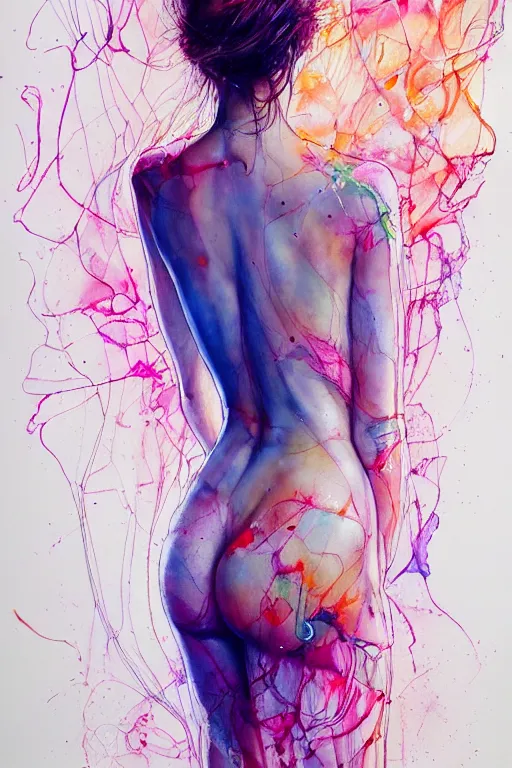 Prompt: sophia vergara by agnes cecile enki bilal moebius, intricated details, 3 / 4 back view, full body portrait, extremely luminous bright design, pastel colours, drips, autumn lights